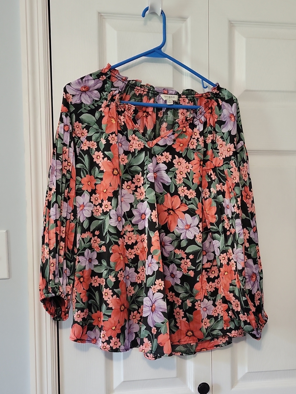 Umgee Black Floral Blouse with Coral and Lavender Blooms